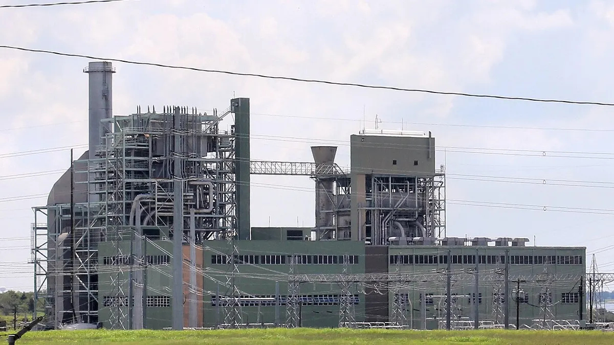 Natural gas fired Decker Creek power station near Austin, Texas, behind power lines
