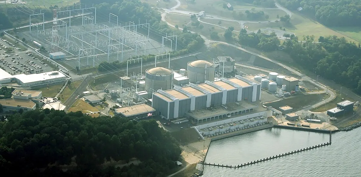 Aerial view of the Calvert Cliffs Nuclear Power Plant on the Chesapeake Bay, Maryland