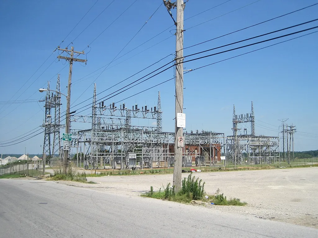 Electrical substation with steel gantries and poles in west Memphis, Tennessee