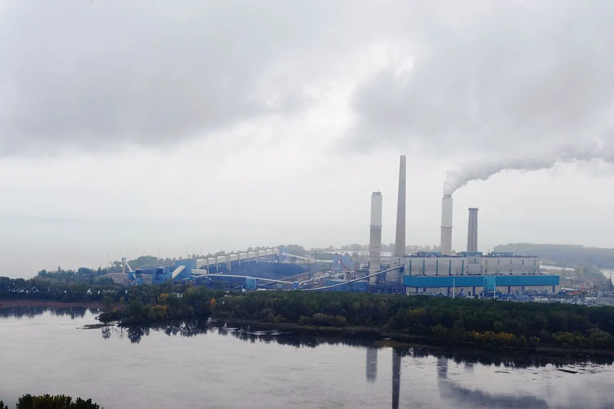 Aerial view of the DTE Monroe Power Plant on Lake Erie in Monroe County, Michigan