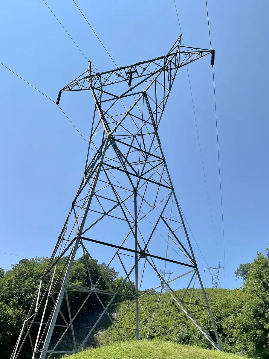 Electrical transmission line tower at Fontana Dam on the Little Tennessee River, North Carolina