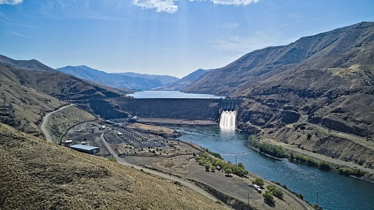 Aerial view of Brownlee Dam and hydroelectric facility on the Snake River, Idaho