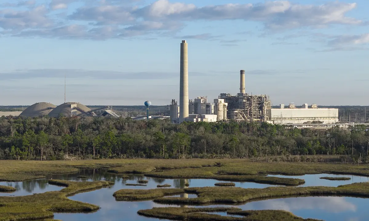 Power plant stacks and fuel domes beyond tidal marsh near Jacksonville, Florida