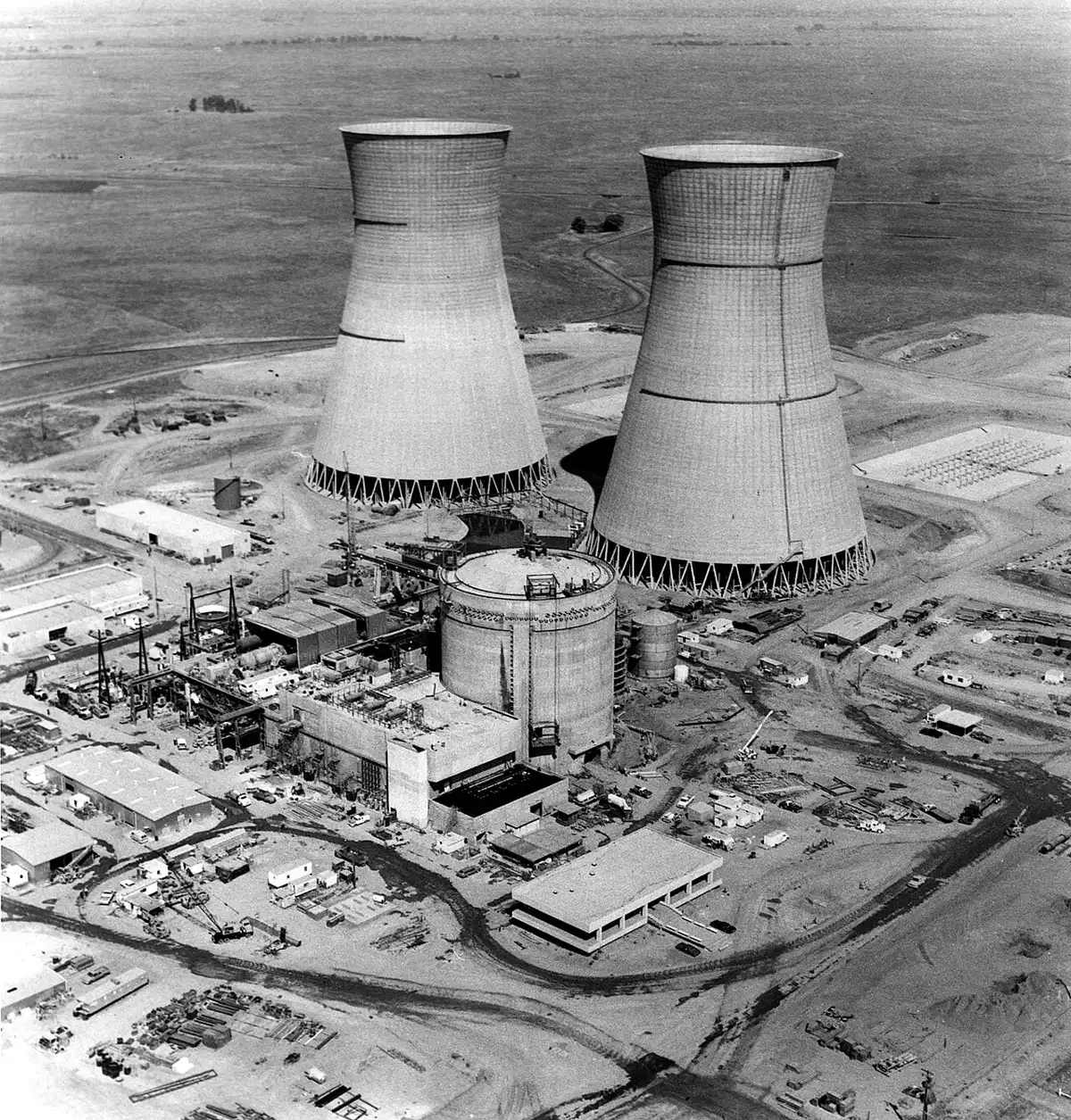 Aerial view of the Rancho Seco nuclear plant cooling towers near Sacramento during construction