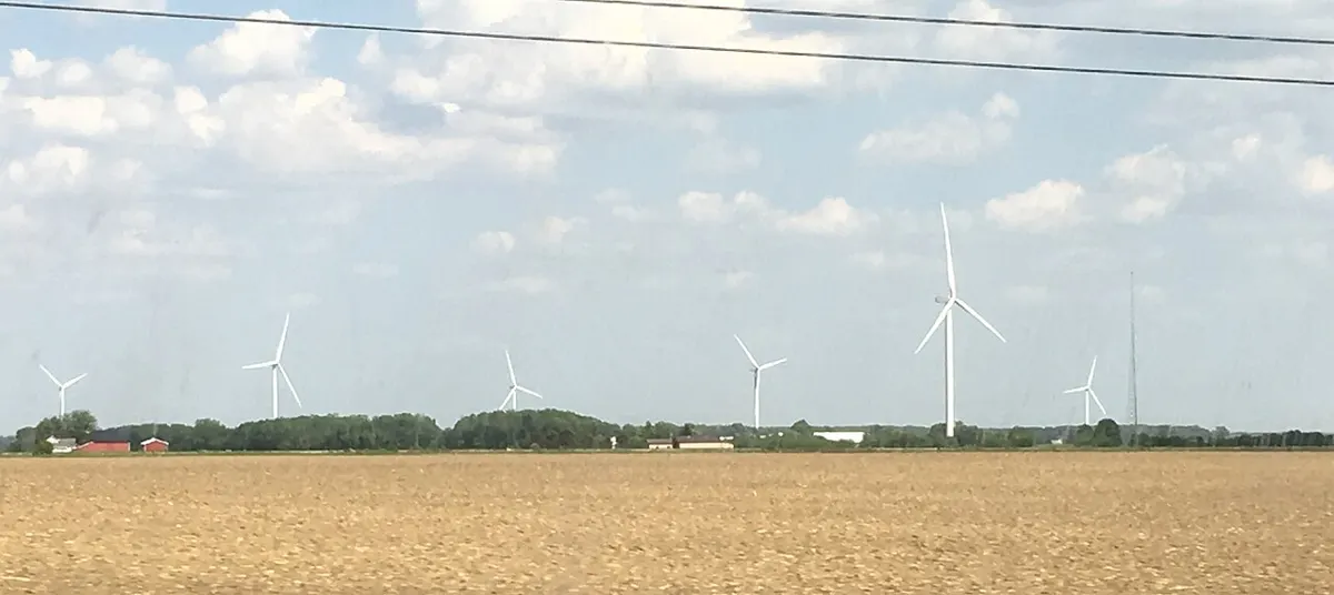Wind turbines on a wind farm in the countryside near Ithaca, Michigan