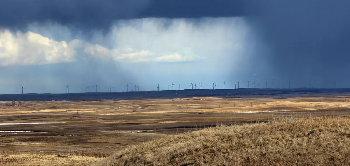 A view of the Tatanka Wind Farm in Dickey County, North Dakota during an early April shower