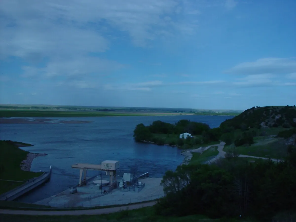 Hydroelectric outlet seen from the top of Kingsley Dam, Nebraska